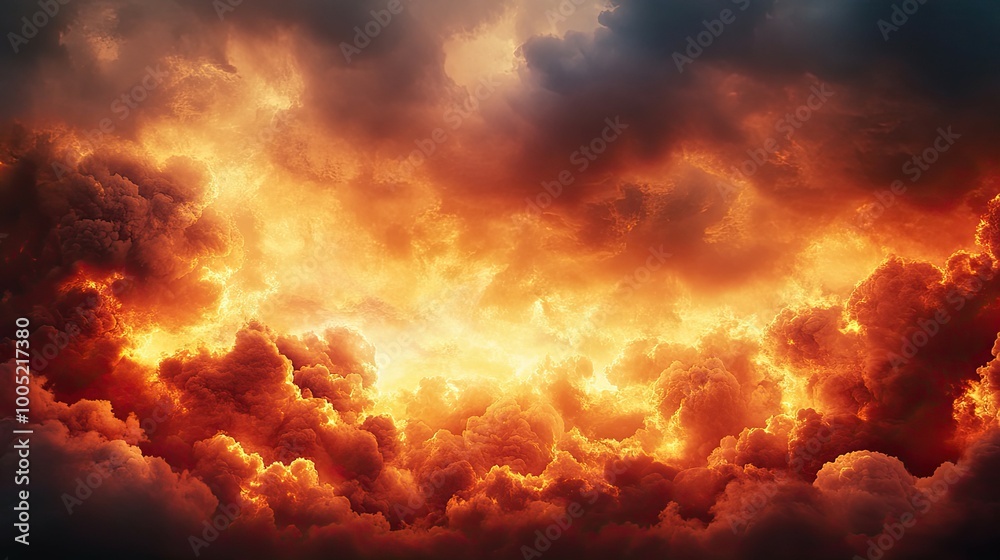 Dramatic fiery orange and red clouds fill the sky, suggesting a powerful storm or apocalyptic event. Dramatic fiery orange and red clouds fill the sky, suggesting a powerful storm or apocalyptic event.