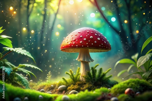 Wallpaper Mural Vibrant, whimsical cartoon mushroom with bright red cap and white spots, surrounded by lush greenery and shimmering dew drops, in a magical forest setting. Torontodigital.ca