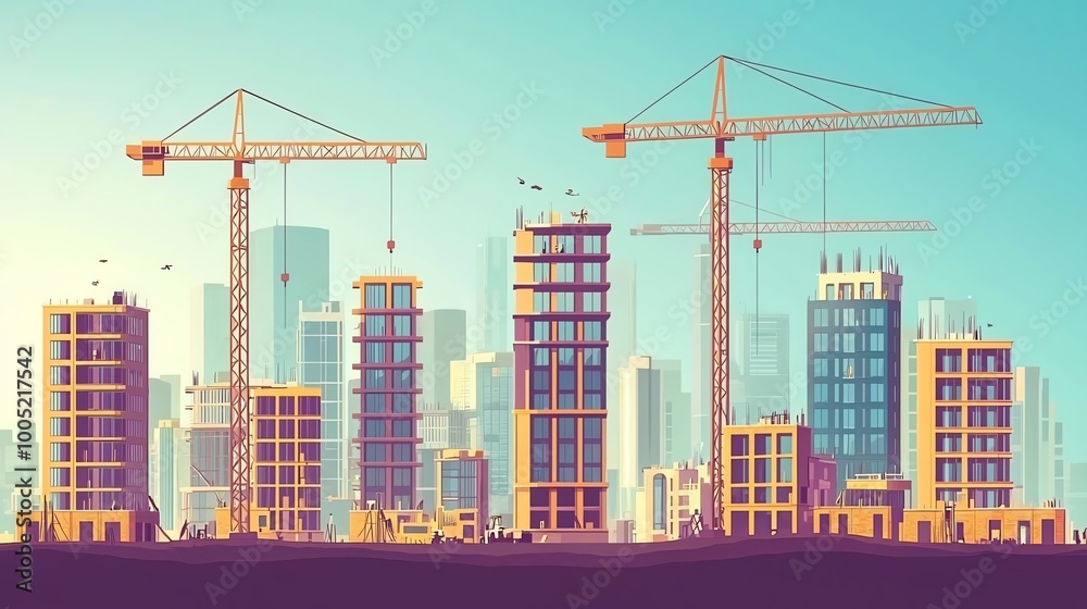 Obraz premium Construction site with cranes and buildings under development against a city skyline.