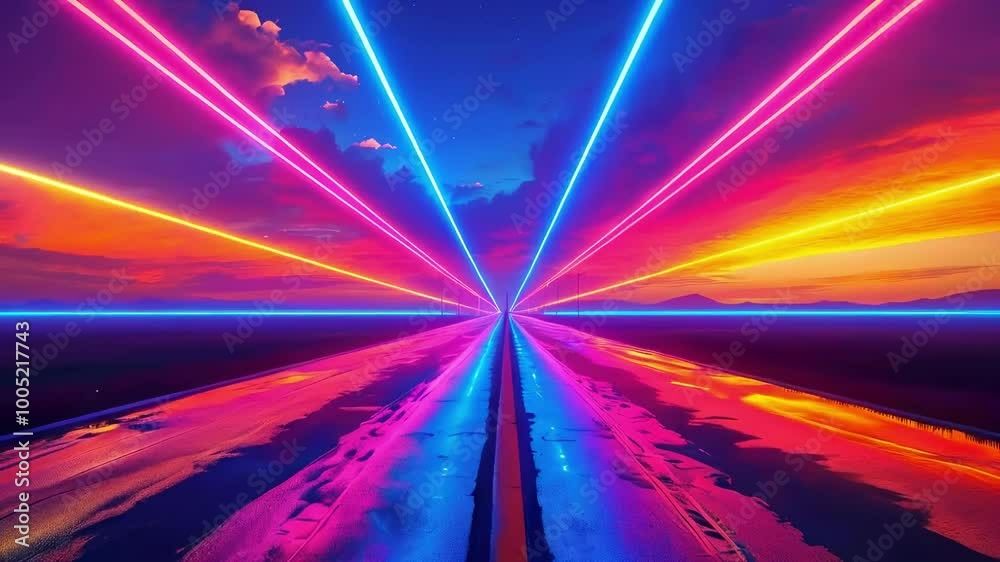 night road surrounded by colorful fluorescent lights with retro sunset