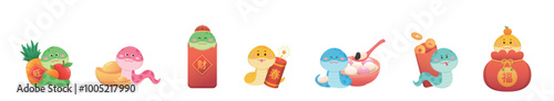 Vector illustration of a set of snake characters or cartoon characters with Chinese New Year, gold coins with ingots and glutinous rice balls, translation: wealth