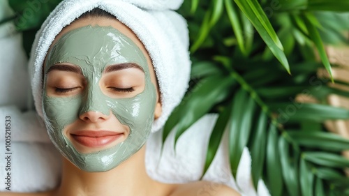 Woman relaxing with a green face mask surrounded by tropical leaves.