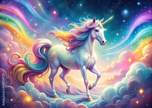 Vibrant, whimsical illustration of a mythical unicorn with a shimmering coat, rainbow mane, and sparkling horn, surrounded by swirling clouds and stars on a pastel background.