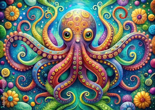 Vibrant, whimsical illustration of an octopus with intricate tentacles, colorful suckers, and expressive eyes, surrounded by subtle oceanic textures and geometric patterns.