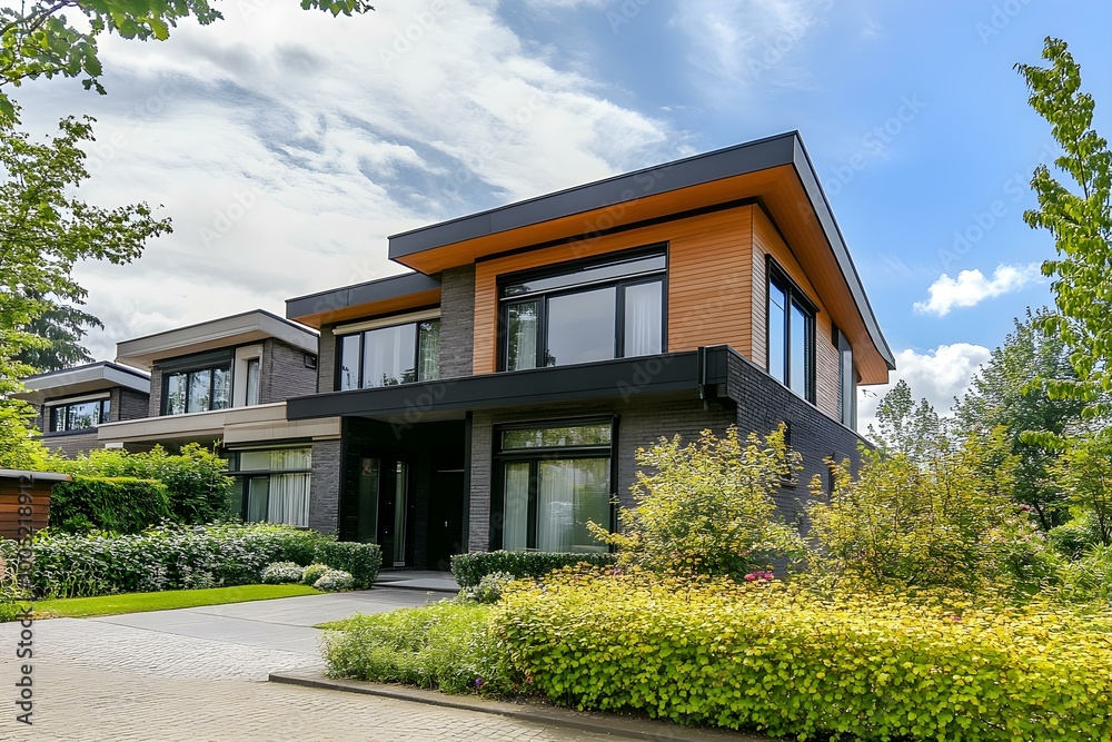 Modern suburban house on a sunny day with clear skies Modern suburban house on a sunny day with clear skies
