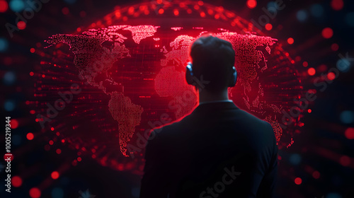 A person with headphones observing a digital globe composed of red data points.