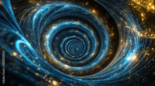 Abstract Swirling Blue and Gold Lights, Glittering Energy Vortex, Cosmic Background.