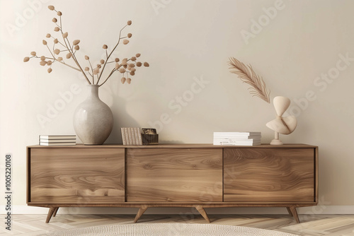 Warm and Cozy Living Room Interior Design with Brown Sideboard, Stylish Sculpture, Gray Vase with Branch, Personal Accessories, Home Decor