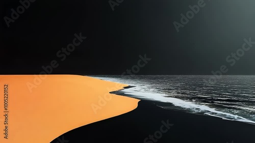 Striking contrast between golden sand dune and dark sea. Black sky looms overhead. Smooth curve of dune meets rippling water. Minimalist composition emphasizes stark beauty of natural elements. 