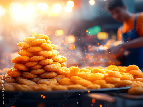 A tantalizing display of golden, crispy snacks stacked high at a vibrant food market. photo