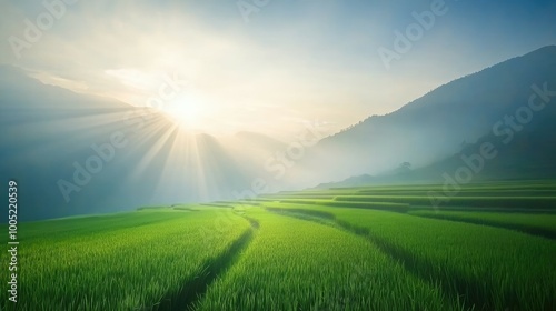 Sun rays breaking through the clouds over lush green rice paddies.