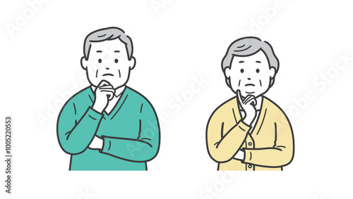 顔に手を当てて悩む高齢者男女の上半身イラスト