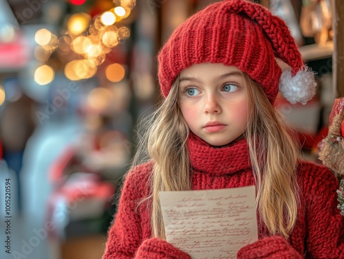 Young girl in red winter outfit holds a letter, festive background with lights.