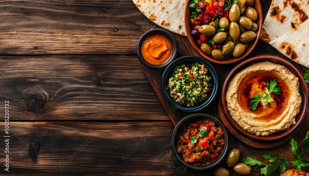 Middle Eastern Food Platter with Hummus, Olives, and Flatbread on Wooden Table Middle Eastern Food Platter with Hummus, Olives, and Flatbread on Wooden Table