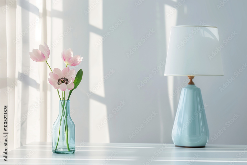 Minimalist decor with a blue lamp and single flower in a glass vase, geometric decor, modern calm atmosphere, serene interior design Minimalist decor with a blue lamp and single flower in a glass vase, geometric decor, modern calm atmosphere, serene interior design