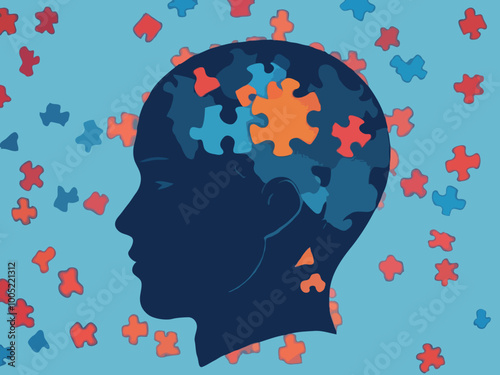 illustration of portrait of human multicolored puzzles that shed colors on natural color. mental health