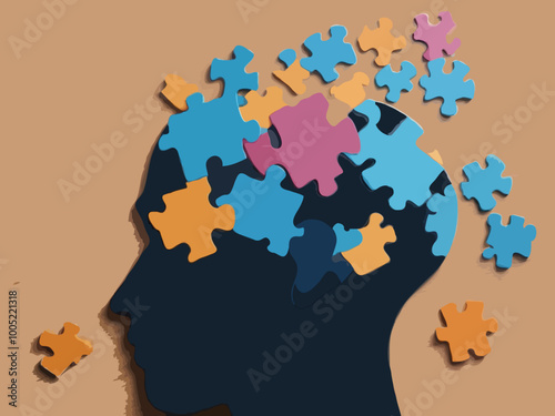 illustration of portrait of human multicolored puzzles that shed colors on natural color. mental health