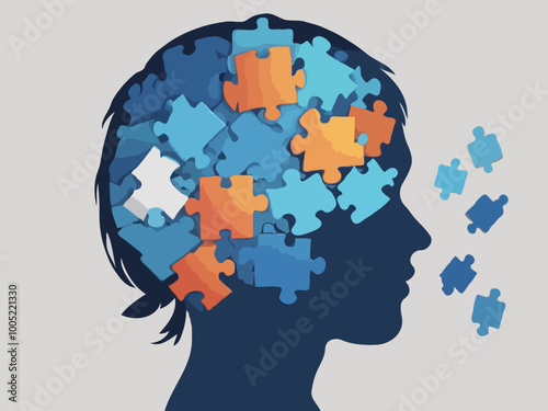 illustration of portrait of human multicolored puzzles that shed colors on natural color. mental health