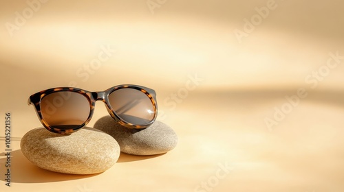 Sunglasses with a tortoise shell frame, resting on two stones, against a beige background.