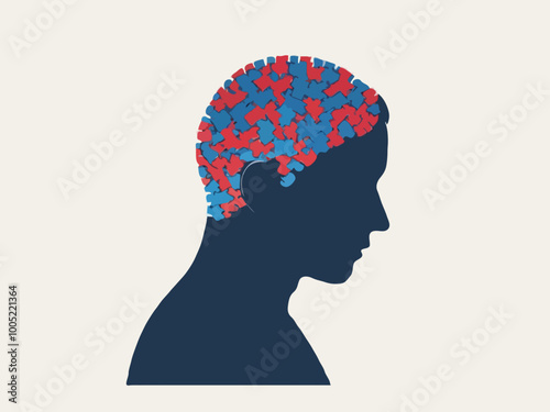 illustration of portrait of human multicolored puzzles that shed colors on natural color. mental health