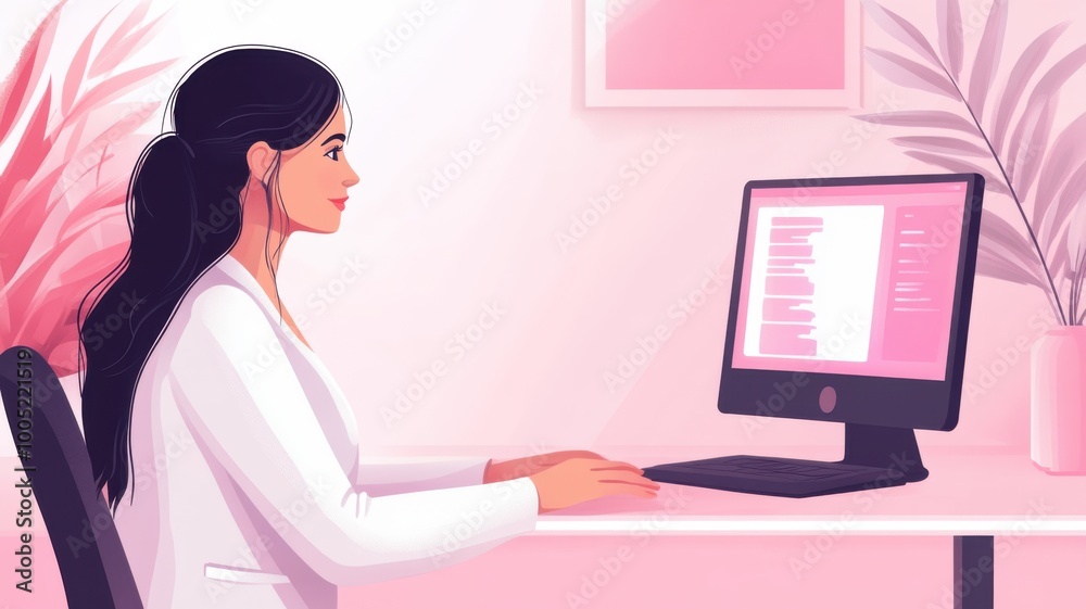 Young woman working on computer in a stylish pink home office. Young woman working on computer in a stylish pink home office.