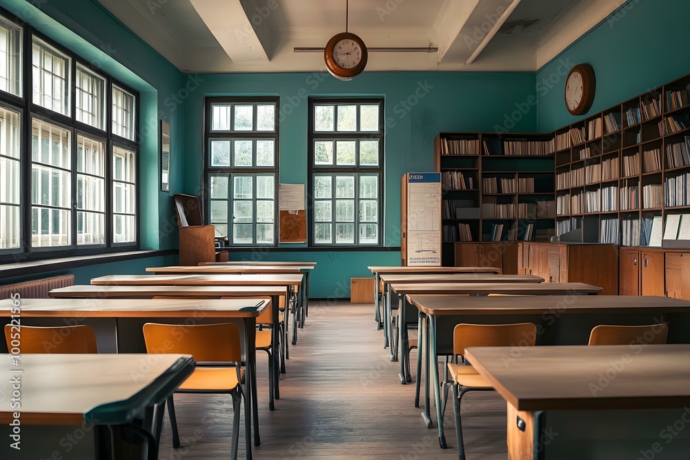 Fototapeta premium An empty classroom with many desks and bookshelves