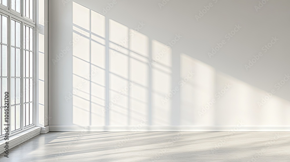 Fototapeta premium Sunlight streams through a large window, casting long shadows on a white wall and wooden floor in an empty room.