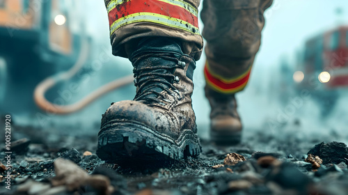 Close-up of a firefighter's boot stepping on a smoky scene, conveying courage and action in a critical moment.