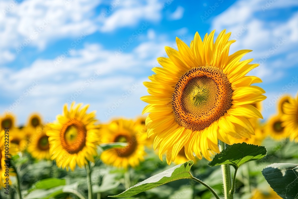 Vibrant sunflowers stretch towards the bright blue sky in an expansive field during a warm summer afternoon. Generative AI Vibrant sunflowers stretch towards the bright blue sky in an expansive field during a warm summer afternoon. Generative AI