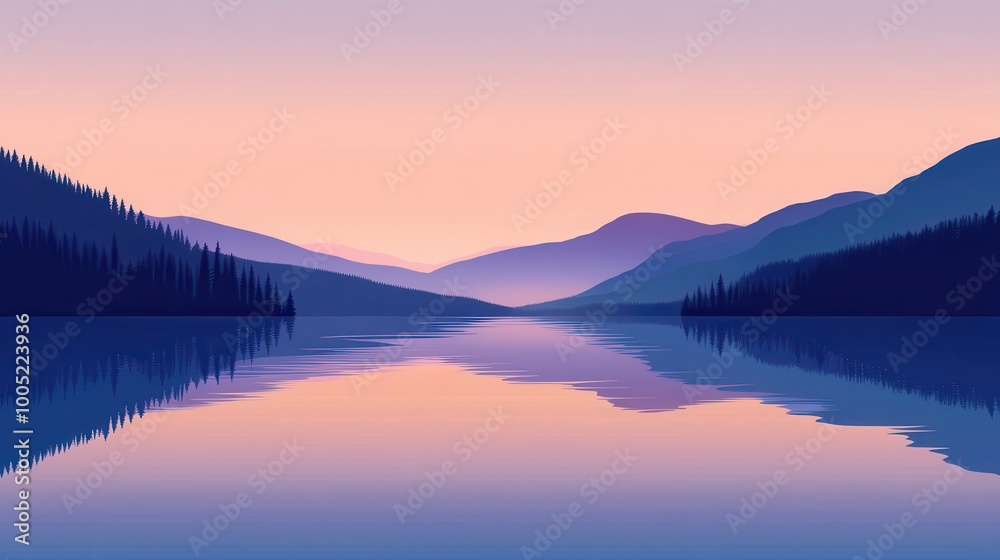 Fototapeta premium Serene Mountain Lake Sunset with Silhouette of Trees and Reflection.