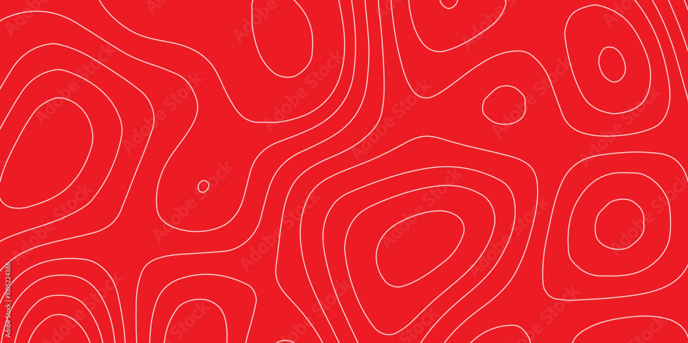 The white line on red background contours topography stylized height of the lines map, seamless pattern with lines landscape topographic map geographic mountain relief diagram line wave carve pattern. The white line on red background contours topography stylized height of the lines map, seamless pattern with lines landscape topographic map geographic mountain relief diagram line wave carve pattern.
