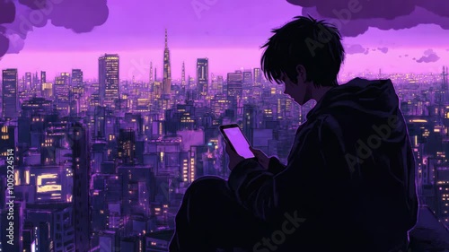 City Dreams: Anime Boy Gazes at His Mobile in a Purple Fantasy Skyline