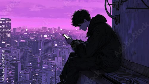 Neon Nights: Anime Boy on a Rooftop with a Mobile Phone in a Fantasy City