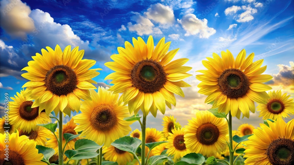 Obraz premium Vibrant yellow sunflowers with dark centers and delicate petals sway gently in a whimsical arrangement, set against a soft blue sky with wispy white clouds.