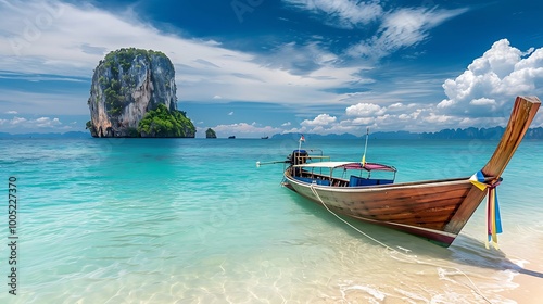 Longtail boat on the beach in Krabi province, Thailand.