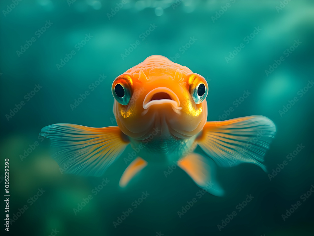A vibrant goldfish swimming gracefully with clear blue water as the backdrop.
