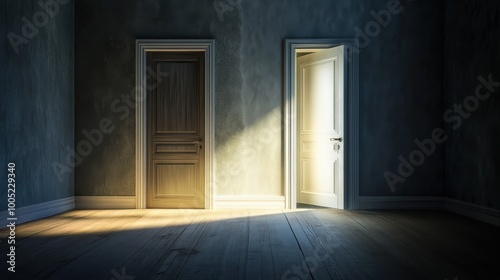 Open Doorway with Light Streaming In, Empty Room, Interior Design,  Two Doors, Light and Dark,  Conceptual Photography.
