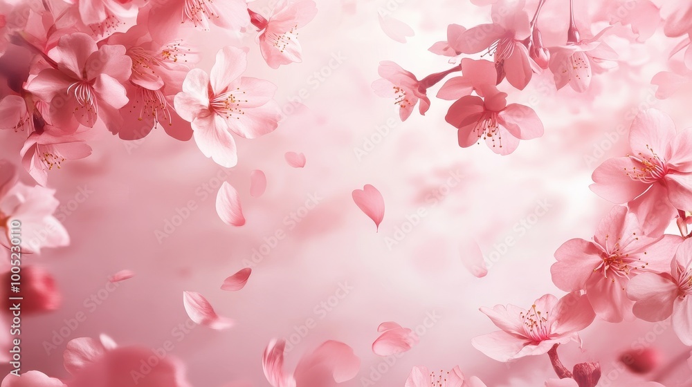 Delicate Pink Cherry Blossom Flowers with Falling Petals on a Soft Pink Background. Delicate Pink Cherry Blossom Flowers with Falling Petals on a Soft Pink Background.