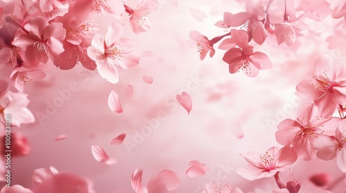 Delicate Pink Cherry Blossom Flowers with Falling Petals on a Soft Pink Background.