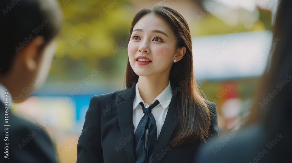 A young businesswoman in a formal suit engaging in a conversation outdoors during a professional meeting or corporate event. A young businesswoman in a formal suit engaging in a conversation outdoors during a professional meeting or corporate event.