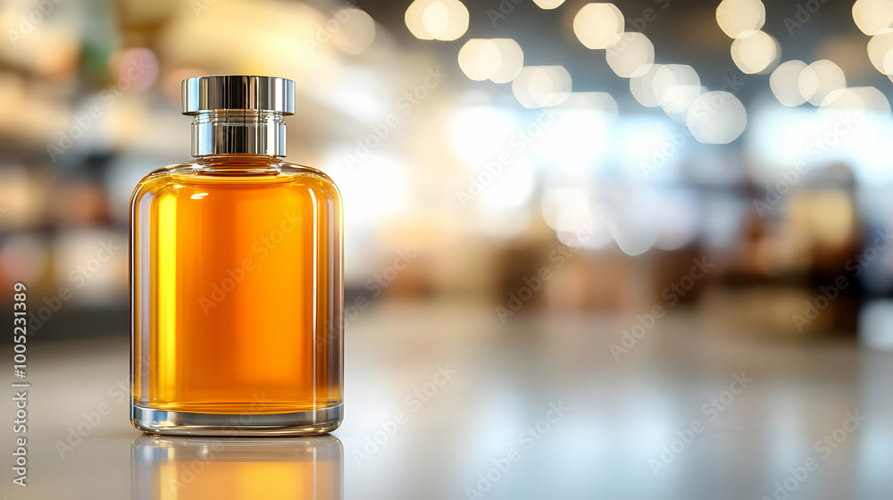 Elegant perfume bottle with a warm amber liquid, softly blurred background creating a luxurious atmosphere. Elegant perfume bottle with a warm amber liquid, softly blurred background creating a luxurious atmosphere.