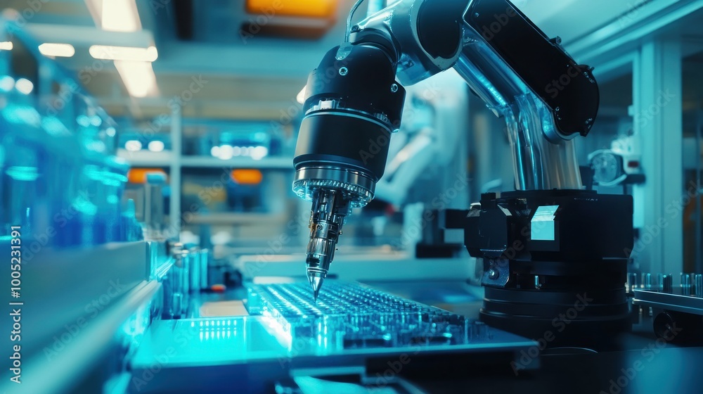 Industrial Robot Arm Assembling Circuit Board in Factory Industrial Robot Arm Assembling Circuit Board in Factory