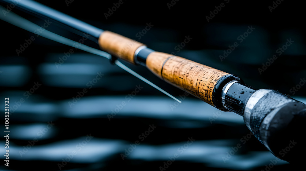 Naklejka premium Close-up of a fishing rod handle against a blurred water background.