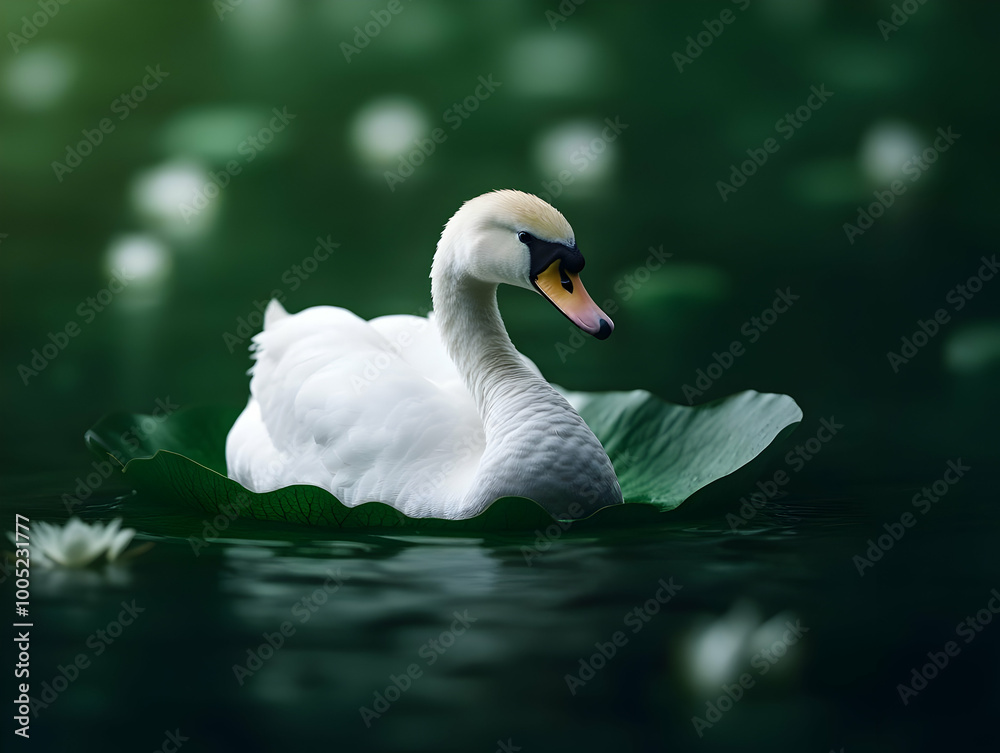 Elegant swan gracefully gliding on water, surrounded by lush green foliage and serene lily pads. Elegant swan gracefully gliding on water, surrounded by lush green foliage and serene lily pads.