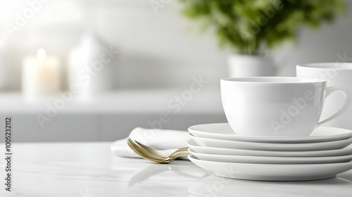 Wallpaper Mural Elegant white cups and plates stacked on a marble table with soft candlelight and greenery in the background. Torontodigital.ca