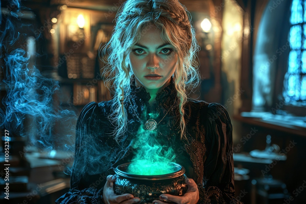 A Woman in Black Dress Holding a Cauldron with Green Smoke A Woman in Black Dress Holding a Cauldron with Green Smoke