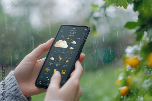 Rainy Day Forecast:  A close-up shot of a person's hands holding a smartphone with a weather app open, displaying cloudy and rainy conditions.