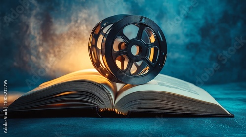 An open book with a film reel on top, symbolizing the connection between literature and film adaptation.