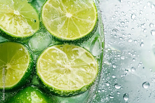 Refreshing lime slices floating in sparkling water with droplets on a cool summer day. Generative AI