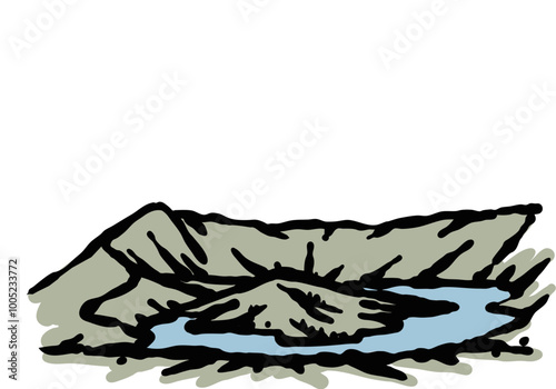 Mountain in green and blue lake illustration